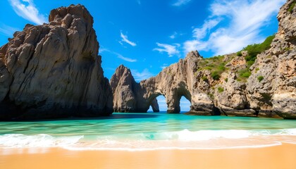 Fototapeta premium Coastal landscape featuring rock formations, turquoise water, sandy beach, and a bright blue sky.