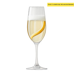 French 75 cocktail recipe with watercolor illustration of champagne flute with lemon twist garnish on light background. Ingredients and measurements listed below. Classic cocktail guide