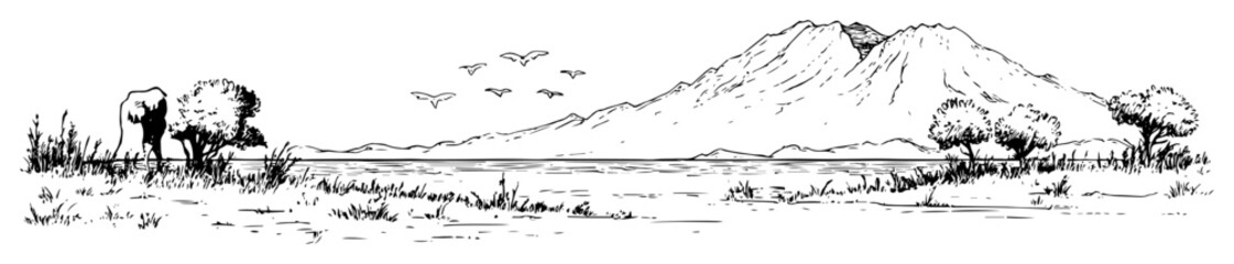 african landscape with mountains and wildlife – monochrome outline vector illustration