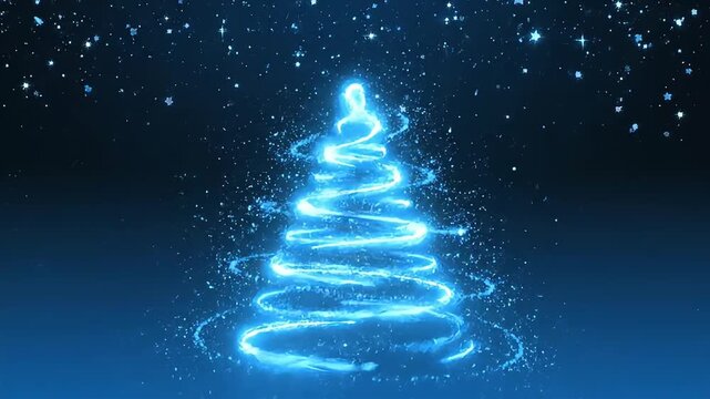 A glowing, stylized Christmas tree made of light against a dark, starry background.
