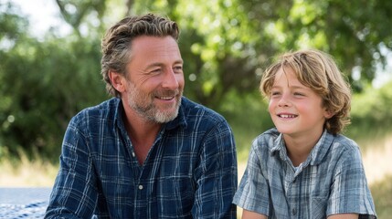 Fototapeta premium A father and son share a joyful moment outdoors, surrounded by nature. The scene conveys warmth and connection between them.