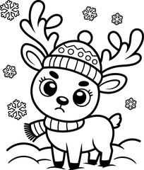 Adorable Cartoon Reindeer Wearing a Hat and Scarf in a Snowy Winter Scene Coloring Page Style
