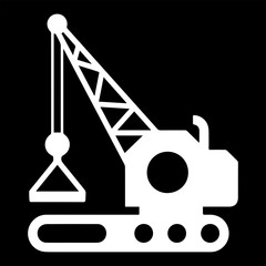 Flat black and white illustration of a crawler crane icon in a minimalist style on a black isolated background. Vector graphics. EPS.
