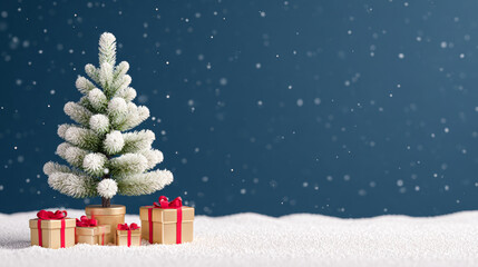 Christmas tree and gift boxes with snow