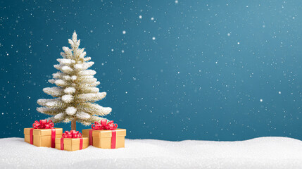 Christmas tree and gift boxes on snow