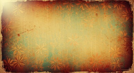 Distressed background featuring faded floral patterns a green-blue center and warm golden-brown dark edges with a top-left light