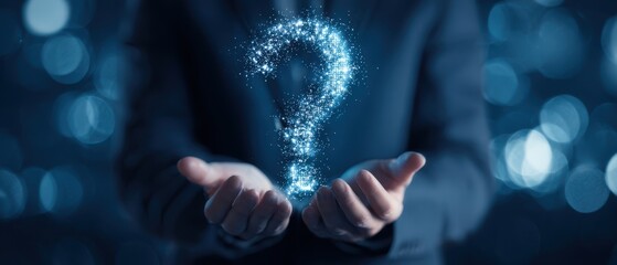 The Question Mark of Uncertainty Floating Over Businessman's Outstretched Hands in Blue