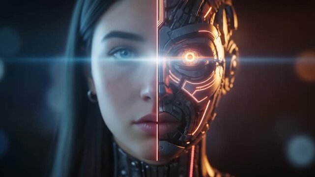 Split face showing human and robotic features with light effects