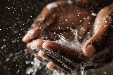 Close-Up of African Black Soap Lathered on Hands Under Warm Water
