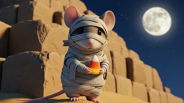A mummy mouse holds a candy corn in front of desert pyramids