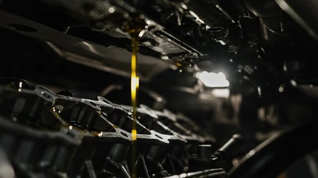 Oil dripping close up car engine part metallic surface, slow oil leak detection automotive maintenance, vehicle service oil inspection procedure, motor oil repair garage, car engine oil troubleshootin