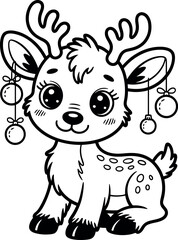 Adorable Cartoon Reindeer with Christmas Ornaments Black and White Coloring Page Illustration for Kids Winter Holiday Fun