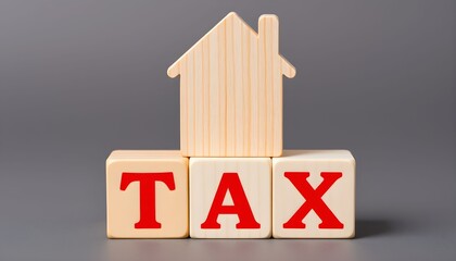 Wooden house model atop blocks spelling out the word TAX, suggesting property taxes or home-related taxation.