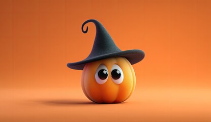 Halloween pumpkin with witch hat. A 3D cartoon pumpkin character wearing a witch's hat