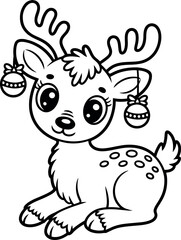 Adorable Reindeer with Christmas Ornaments Coloring Page Vector Illustration for Festive Season and Holiday Projects