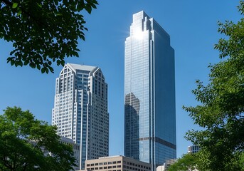 Modern skyscrapers with glass facade and unique architecture in city