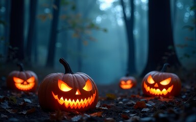 Halloween pumpkins in the forest at night.Halloween background with Evil Pumpkin. Spooky scary dark Night forrest. Holiday halloween banner background. High quality