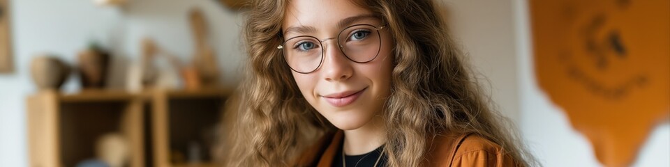 Fototapeta premium Young caucasian female with glasses smiling indoors in casual outfit