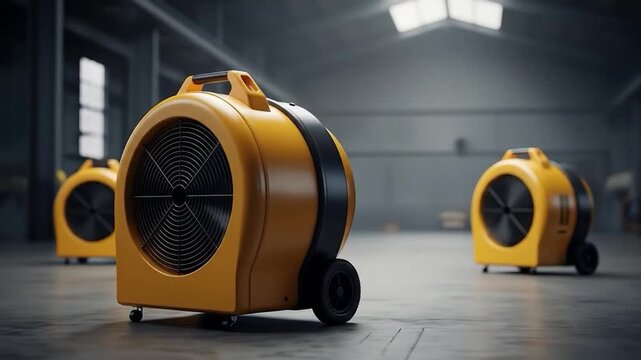 Yellow industrial fans lined up in a warehouse equipment
