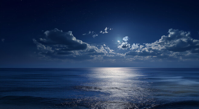 a vast expanse of dark blue sea under the night sky, illuminated by moonlight and stars. the water reflects the silver light, creating an atmosphere reminiscent of a serene ocean landscape