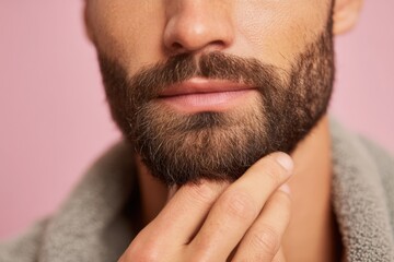 Naklejka premium Man Touching Beard with Healthy Skin and Pastel Background