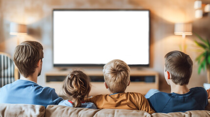 A family is watching television. The blurred background contains the frame of the television, the center is cropped. Father with three children sitting comfortably on the couch.