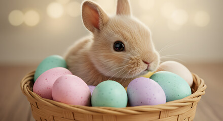 Colorful and cute easter bunny with traditional eggs for a festive páscoa celebration