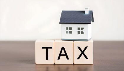 A miniature house model sits on top of wooden blocks spelling out the word TAX on a wooden surface.