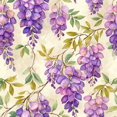 Elegant Seamless Pattern Of Wisteria Flowers With Green Leaves On Light Background