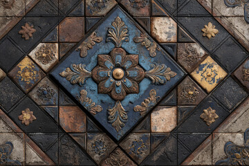 Ornate tile mosaic in blue brown and gold hues showing intricate floral designs