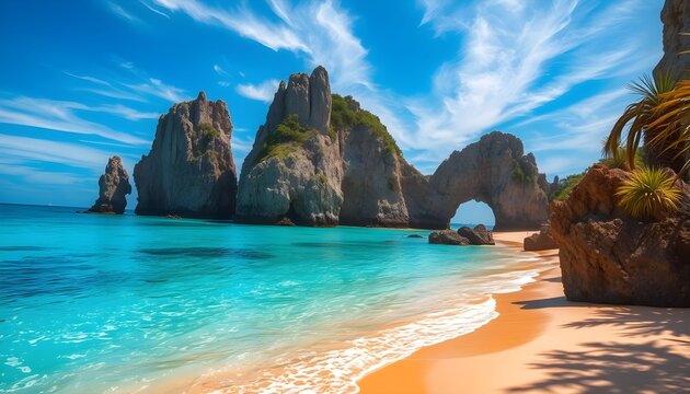 Stunning tropical beach with crystal clear turquoise water, golden sand, and majestic rock formations under a vibrant blue sky. - Powered by Adobe