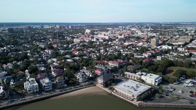 Charleston South Carolina aerial drone shot of the city during the day.
