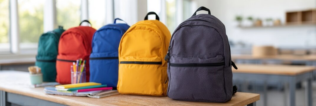 A row of colorful backpacks displayed on a table in a bright classroom. Ideal for educational or back-to-school themes.