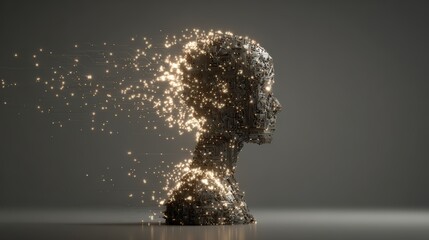 Artistic digital sculpture of a human bust disintegrating into sparkling particles with a sleek gray background and modern design