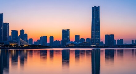 Modern city skyline reflected in calm water at sunset with vibrant sky