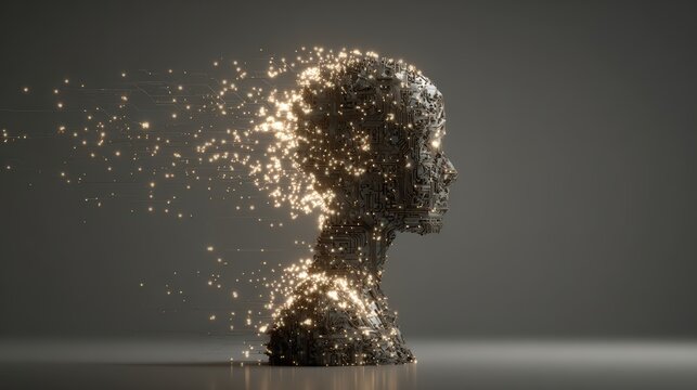 Artistic digital sculpture of a human bust disintegrating into sparkling particles with a sleek gray background and modern design - Powered by Adobe