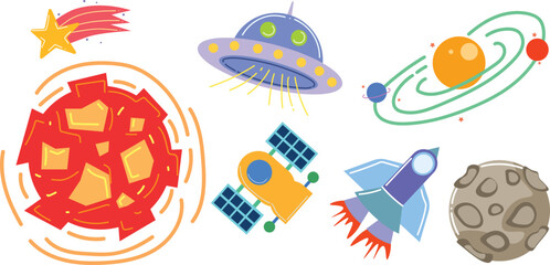 Whimsical space objects vector collection bright planets rocket UFO satellite shooting star moon kids astronomy exploration galaxy universe elements