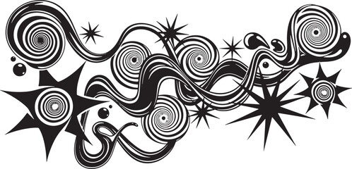 Dynamic black and white abstract composition featuring swirling lines, hypnotic spirals, and spiky starbursts creating a retro groovy design element