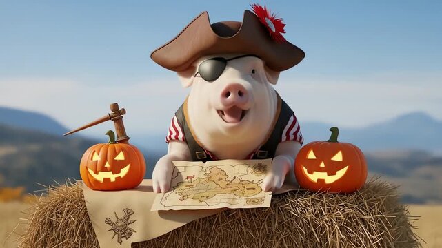A pirate pig wearing an eye patch and hat studies a treasure map next to pumpkins