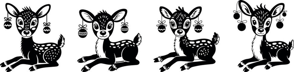 Festive deer collection with Christmas ornaments hanging from their antlers holiday vector illustration set