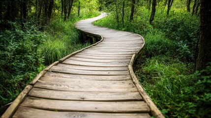 A winding wooden path through a lush green forest, with a white boundary marking the path's edge. The path is bordered by tall grass