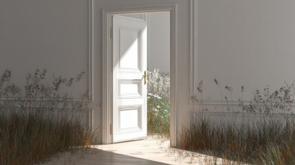 Open door leading to a bright garden scene with lush greenery and sunlight streaming in, interior room with white walls and decorative molding
