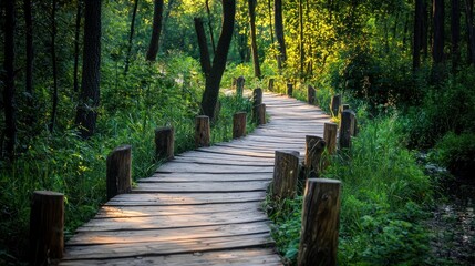 A wooden bridge with wooden posts and railings, surrounded by lush greenery and a small stream, leading to a forested area with tall trees and green foliage.