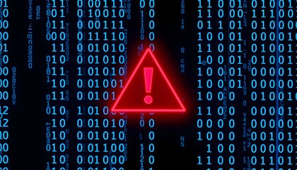 Digital threat: Binary code with a red warning sign overlay, indicating a security breach or system error.