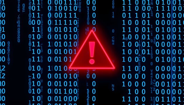 Digital threat: Binary code with a red warning sign overlay, indicating a security breach or system error.