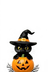 Charming Black Cat Wearing a Witch Hat Perched Adorably on a Glowing Jack-o'-Lantern for Halloween Celebrations