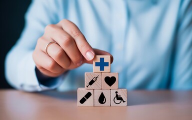 Healthcare concept Hand stacking wooden blocks with medical symbols representing health, medicine, wellness, and well-being. Healthcare insurance