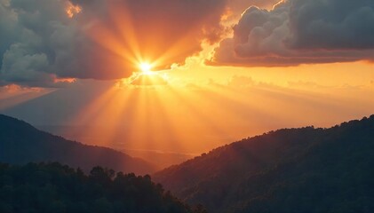 Golden sunlight streams through gaps in clouds, illuminating a landscape bathed in warm, radiant light  A breathtaking display of nature's power and beauty ,  summer,  scenic