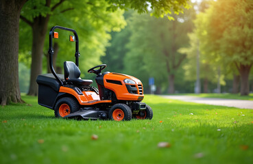 Obraz premium Orange mini tractor lawn mower parked on rich green grass, surrounded by mature trees in park setting. Sunlight filters through leaves, casting gentle shadows. Mower clean, ready for pro lawn care,