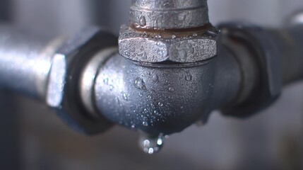 Medium shot showing a leakproof pipe joint with water droplets the sealed connection sharply defined while the surrounding plumbing fades softly.